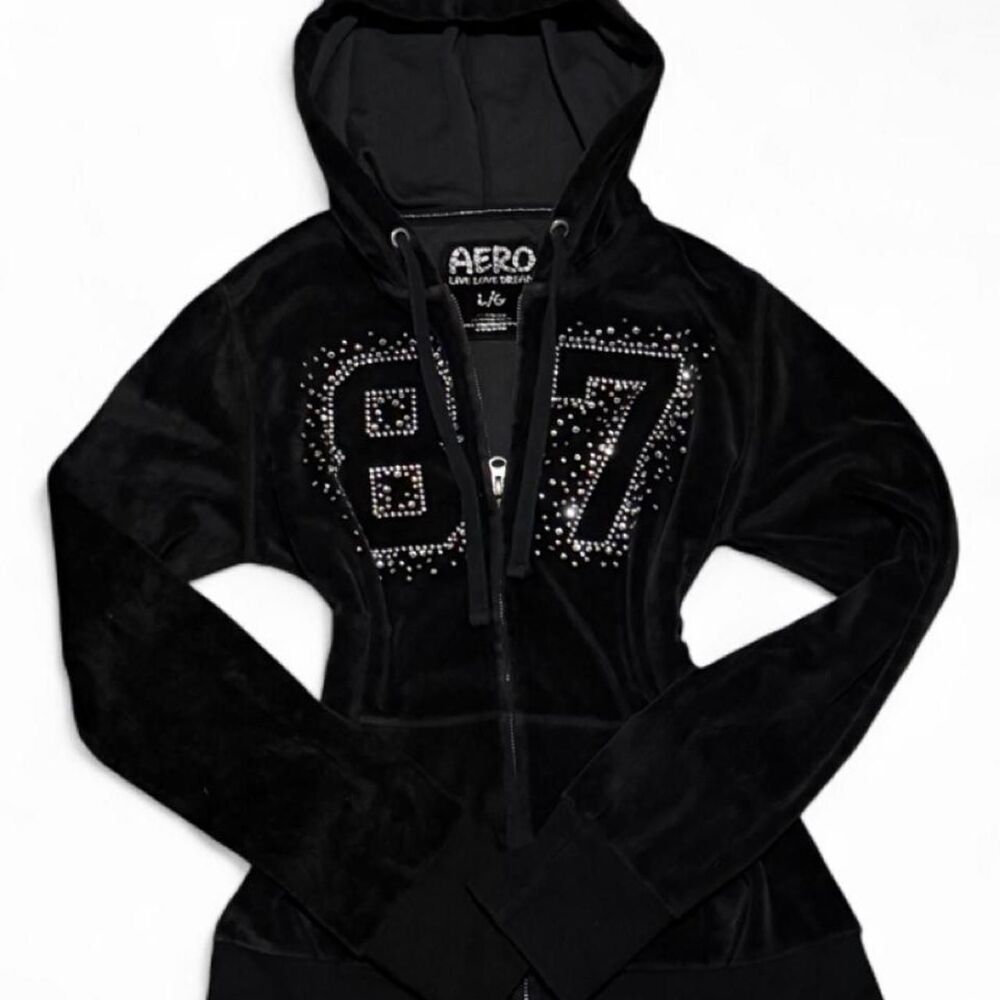 Aeropostale Black Velour Rhinestone 87 Zip Up Hoodie